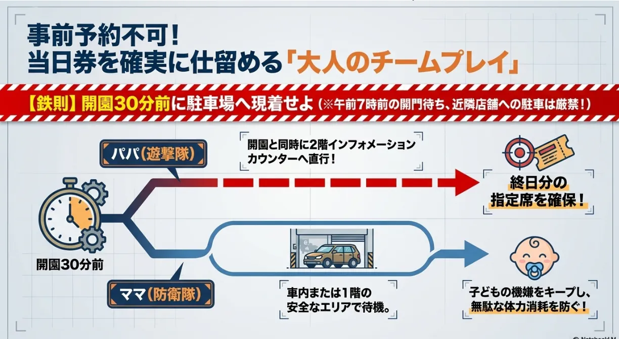 当日チケット入手のためのパパママ動線分離作戦