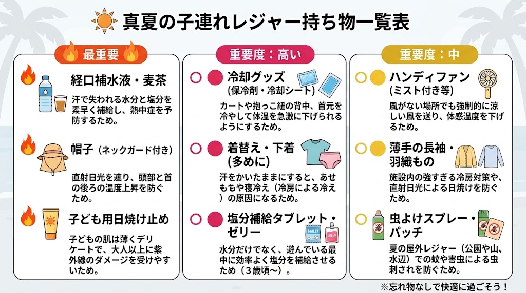真夏の子連れレジャー持ち物一覧表